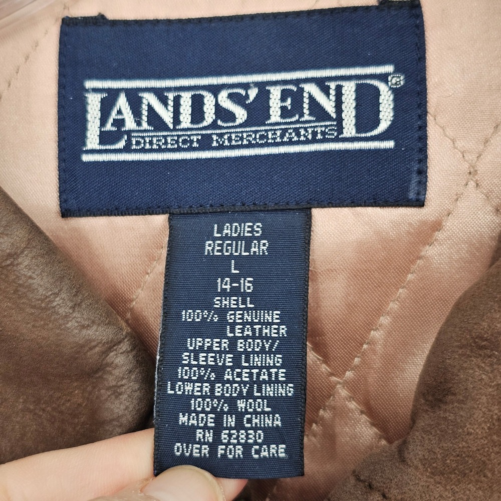 Vintage Lands End Leather Field Jacket L Brown Quilted Wool Lined Cinched Barn - Picture 3 of 13